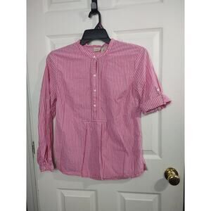 LL. Bean Woman's M Blouse Pink White Striped Pullover Casual Pleated Roll Tab...